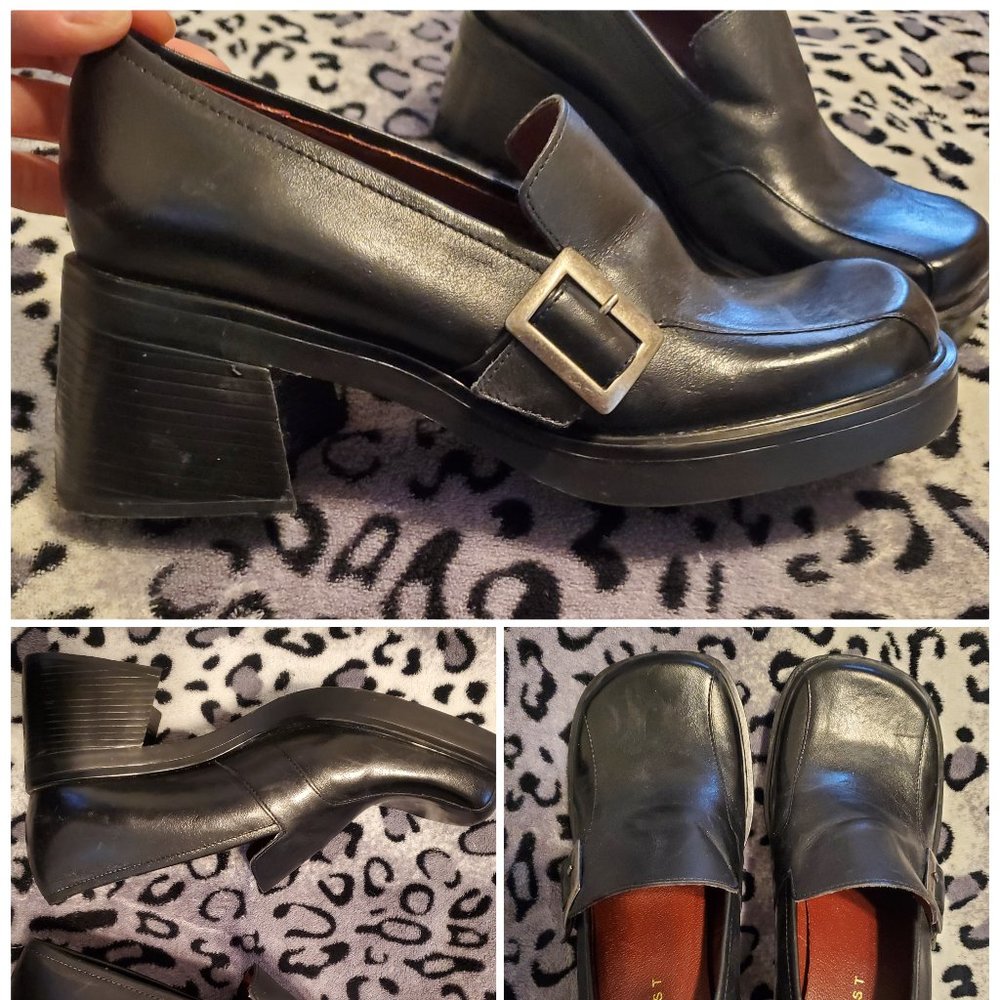 Y2K 90s Nine West Black Leather Chunky Heel Platform Loafers worn 1x sz 8.5